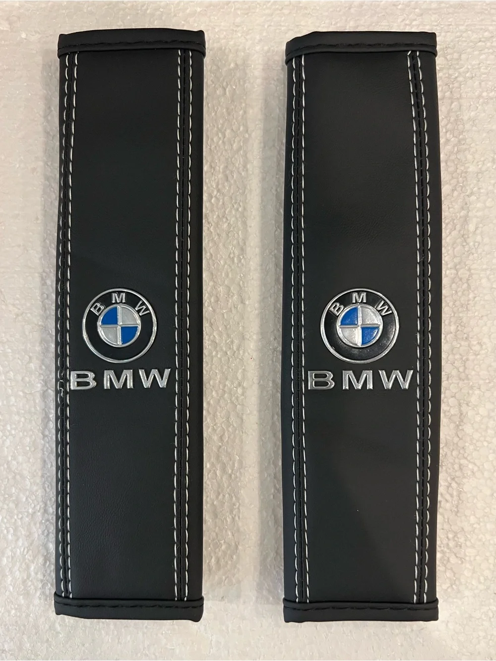 BMW Black Leather, Silver & Blue Seat Belt Shoulder Cushion Pads